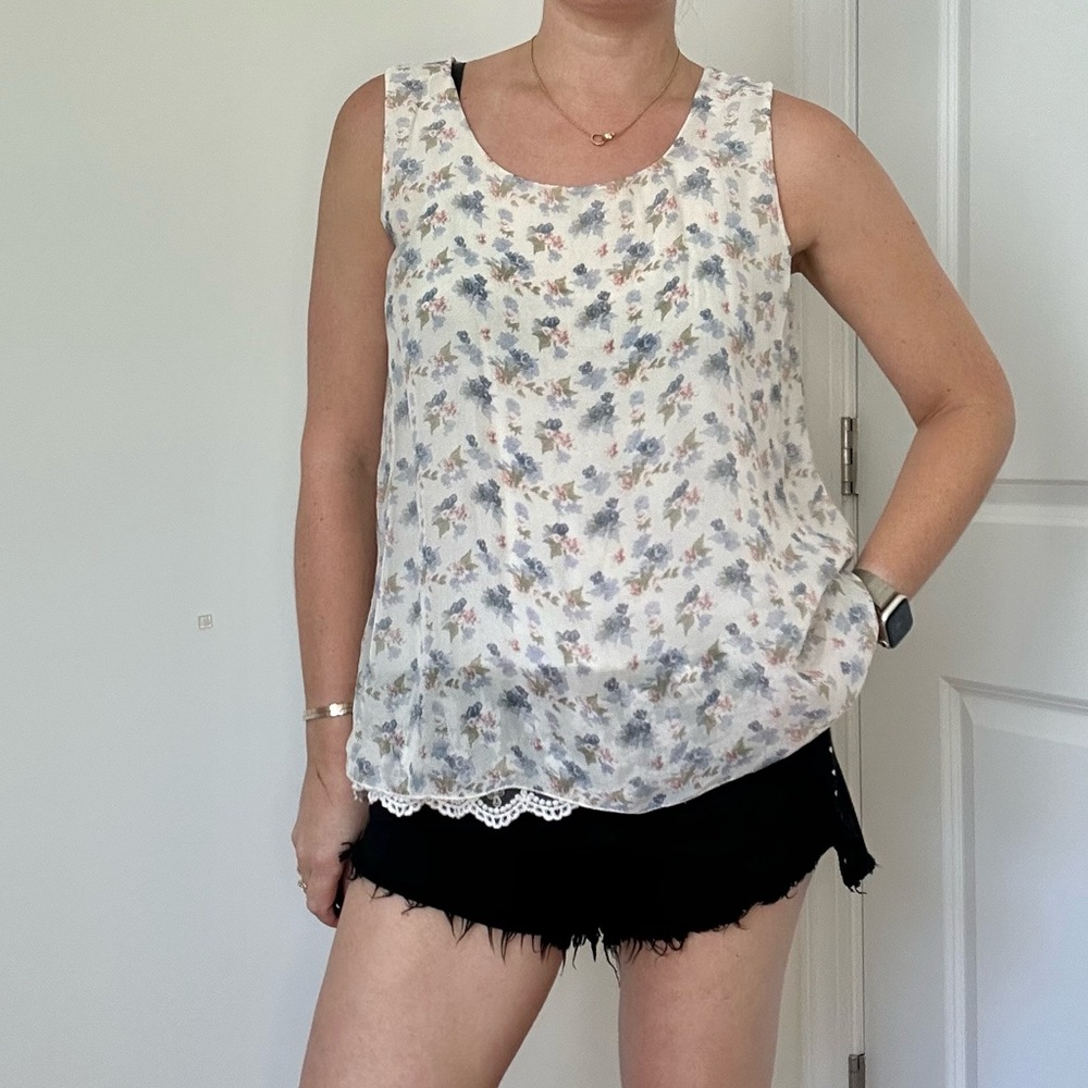 Ditsy Floral Printed Silk Tank With Lace Trim
